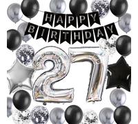 Fechy 27th Birthday Decoration, Black Silver Banner Number 27 Star Foil Balloons Metallic Silver Latex Confetti Balloons for Men Husband Him 27 Years Birthday Party Supplies