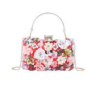 Fecialy Women's Floral Evening Handbags Colorful Rhinestone Clutch Purses Floral Bride Wedding Handbag Chain Shoulder Bag, Red, S