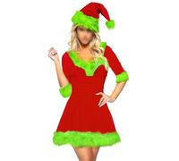 Feclmiyt 2PCS Mrs Claus Costume For Women Christmas Costume Santa Cosplay Dress Plush Trim Velvet Long Sleeve Belt Cami Dress With Hat (C-3, M)