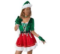 Feclmiyt Christmas Elf Costume Set for Women Long Sleeve Irregular Hem Dress Halloween Christmas Cosplay Outfits with Hat (J-Dark Green Woman, M)