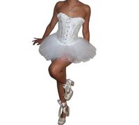 Feclmiyt Corset Dress Bustier Overbust Women Top Skirt Set Lace Floral Plus Size Swan Costume Halloween bustier with Tutu Tulle Skirt (White, XL)