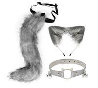 Feclmiyt Faux Fur Cat Ears Hair Clip Costume Ornament Furry Wolf Fox Tail Halloween Bell Leather Neck Chocker Cosplay Set Clubwear (Dark Gray, 50cmx11cm)