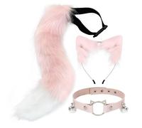 Feclmiyt Faux Fur Cat Ears Hair Clip Costume Ornament Furry Wolf Fox Tail Halloween Bell Leather Neck Chocker Cosplay Set Clubwear (Pink, 50cmx11cm)