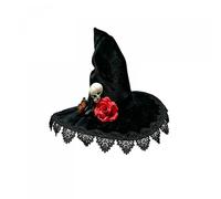 Feclmiyt Halloween Gothic Witch Hat for Women Skull Rose Lace Trim Cosplay Accessory (A-Black, S)