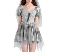 Feclmiyt Halloween Women Zombie Ghost Bride Costume Retro Punk Puff Sleeve Victorian A Line Dress Vampire Zombie Headband Cosplay Set (A-Gray, XL)