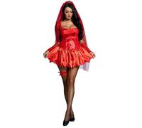 Feclmiyt Halloween Women Zombie Ghost Bride Costume Retro Punk Puff Sleeve Victorian A Line Dress Vampire Zombie Headband Cosplay Set (B-Red, XL)
