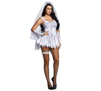 Feclmiyt Halloween Women Zombie Ghost Bride Costume Retro Punk Puff Sleeve Victorian A Line Dress Vampire Zombie Headband Cosplay Set (B-Gray, M)