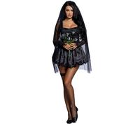 Feclmiyt Halloween Women Zombie Ghost Bride Costume Retro Punk Puff Sleeve Victorian A Line Dress Vampire Zombie Headband Cosplay Set (B-Black, XL)