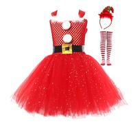 Feclmiyt Kid Girl Christmas Tutu Dress Santa Christmas Costume,Sleeveless Princess Tutu Tulle Dress+Long Stocking + Headband Complete Outfits (Red Style 2, 4-5T)