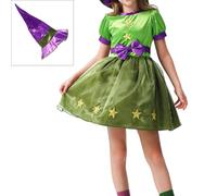 Feclmiyt Kids Girls Halloween Costume,Short Sleeve Stars Tulle Patchwork Cosplay Dress With Hat Belt Girl's Witch Costume (Green, 110)