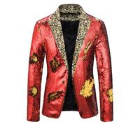 Feclmiyt Men Sequin Shiny Prom Blazer Jacket Blazer Open Front Disco Metallic Suit Tuxedo Party Prom Wedding Banquet Glitter Tuxedo Jacket (Red, XL)