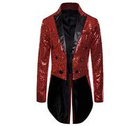 Feclmiyt Mens Sequin Tuxedo Jacket Tails Y2k Long Sleeve Tailcoat Blazer Coat Swallowtail Prom Blazer Suit Jacket Banquet Shiny Swallow-Tailed Tuxedo (Red, L)