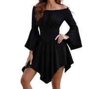 Feclmiyt Off The Shoulder Dresses for Women Sexy Flared Sleeve Strapless Smocked Waist Irregular Mini Dress Long Sleeve Short Dress Party Club (A-2, S)