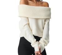 Feclmiyt Off The Shoulder Sweater for Women Y2K Long Sleeve Slouchy Ribbed Knitted Pullover Sweaters Tops Oversized Jumper Tops Going Out (E-02, M)