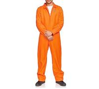 Feclmiyt Orange Prisoner Jumpsuit Letter Print Prison Escaped Inmate Jailbird Coverall Halloween Jail Costume Adults Jail Criminal Outfit (Men Orange, M)