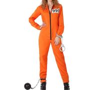 Feclmiyt Orange Prisoner Jumpsuit Letter Print Prison Escaped Inmate Jailbird Coverall Halloween Jail Costume Adults Jail Criminal Outfit (L-01, L)