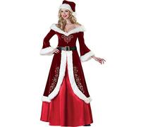 Feclmiyt Santa Claus Costume for Men deluxe Santa Suit 5Pcs Flannel Long Sleeve Tops Trousers Boots Hat Beard Holiday Cosplay Sets (Red Woman, L)