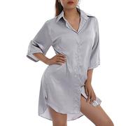 Feclmiyt Satin Nightshirts For Women Button Down Sleepshirt Half Sleeve Single Breasted Silk Nightdress Boyfriend Nightshirt Pajama Dress Sleepwear (Gray, L)