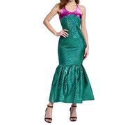 Feclmiyt Sexy Mermaid Costume Women Girl Glitter Sequin Sleeveless Open Back Halter Neck Fishtail Bodycon Maxi Dress Halloween Cosplay (A-1, L)