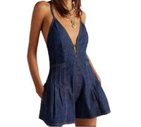 Feclmiyt Shorts Denim Romper For Women slim Solid Spaghetti Straps Deep V Neck Back Tie Up Backless Jean Jumpsuit Casual Overalls Clubwear (A-3, M)