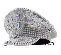 Feclmiyt Sparkly Rhinestone Sequin Captain Hat Spiked Steampunk Military Hat For Women, Glitter Rave Party Costume Cap Bachelorette, Halloween (Silver, One Size)