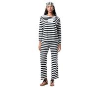 Feclmiyt Stripe Prisoner Costume For Women Black White Striped Jail Criminal Outfit Halloween Inmate Jailbird Cosplay Costume (Gray, XL)