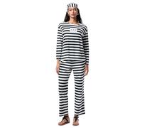 Feclmiyt Stripe Prisoner Costume For Women Black White Striped Jail Criminal Outfit Halloween Inmate Jailbird Cosplay Costume (Black, XL)