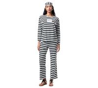 Feclmiyt Stripe Prisoner Costume For Women Black White Striped Jail Criminal Outfit Halloween Inmate Jailbird Cosplay Costume (White, L)