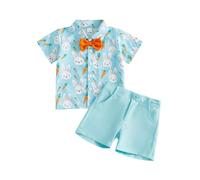 Feclmiyt Toddler Baby Boys Easter Outfits Bunny Carrot Print Button Down Short Sleeve Shirt With Shorts 2 pcs Gentlemen Outfits (Blue, 18-24 Months)
