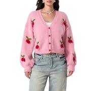 Feclmiyt Women 3D Fruit Embroidered Crochet Knit Cardigan Y2K Long Sleeve Cute V-Neck Button Down Knitted Sweater Cardigans Autumn Outwear (A-03, L)