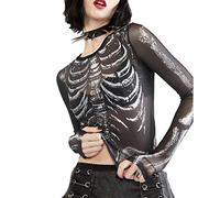 Feclmiyt Women Halloween Mesh Skeleton Print Tops Long Sleeve Black Skull Sheer Mesh Fitted Crop Tops Casual Horror Shirt