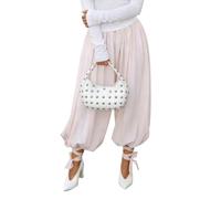 Feclmiyt Women Long Bloomer Pants Y2K Elastic Waisted Wide Leg Solid Color Loose Fit Joggers Boho Trousers for Daily Life Vacation (A-Pink, M)