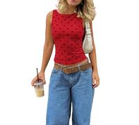 Feclmiyt Women Polka Dot Crop Tank Top Y2k Sexy Sleeveless Backless Crew Neck Slim Fit Tops Summer Going Out Cami Shirt Streetwear (A-Red, L)