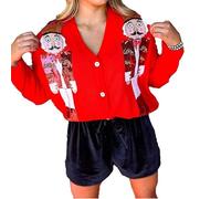 Feclmiyt Women’s Christmas Cardigans Sequins Nutcracker Print V Neck Button Down Sweaters Soldier Print Ugly Christmas Sweaters Nutcracker Cardigans (C-02, XL)