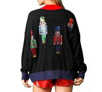 Feclmiyt Women’s Christmas Cardigans Sequins Nutcracker Print V Neck Button Down Sweaters Soldier Print Ugly Christmas Sweaters Nutcracker Cardigans (A-01, S)