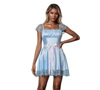 Feclmiyt Women’s Halloween Twin Costume Y2k Short Sleeve Doll Collar Blue Mini Dress Creepy Twins Sister Cosplay Halloween Dress Babydoll Costume (I-01, S)