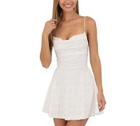 Feclmiyt Women’s Shiny Sequin Elegant Bodycon Dress Backless Spaghetti Strap Crew Neck Sparkly Glitter Mini Dress Disco Slip Dresses (A-White, S)