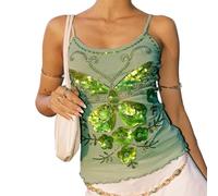 Feclmiyt Women Sequin Sparkle Crop Tops Y2k Sexy Sleeveless V-Neck Backless Pearl Embellished Tank Tops Glitter Halter Cami Camisole Clubwear (B-01, L)