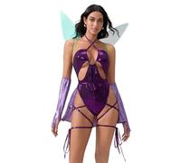 Feclmiyt Women Sexy Pixie Princess Cosplay Costume Y2K Halloween Forest Fairy Costume Pretty Elf Tube Tops Dress+Wings Musa Costumes (H-Purple, L)