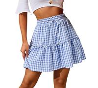 Feclmiyt Women Summer Gingham Mini Skirts Casual Plaid Elastic Waist Ruffled Hem Drawstring Skirt Beach Vacation Club Streetwear (A-Blue, S)
