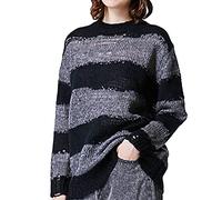 Feclmiyt Women Vintage Distressed Sweater Y2k Oversize Gothic Long Sleeve Knitting Sweater Hole Ripped Striped Pullover Streetwear (A-02, ONE Size)