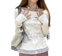 Feclmiyt Women Y2k Fairy Graphic Sweatshirt Music Note Long Sleeve Lace Patchwork Slim Fit Top Teen Girls Aesthetic Clothes Streetwear (A-WHITE, S)