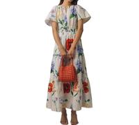 Feclmiyt Women's Boho Tiered Maxi Dress Floral Smocked Waist Long Dresses A-line V-Neck Short Sleeve Sundress with Pocket for Beach Vocation (A-07, M)