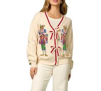 Feclmiyt Women's Bow Front Christmas Cardigan Glitter SequinSoldier Tress Bow Pattern Long Sleeve V Neck Button Down Knit Sweater Outwear (A-3, L)