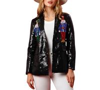 Feclmiyt Women's Christmas Sequin Blazer Jackets Coat Cartoon Embroidery Shiny Suit Jacket Open Front Glitter Blazers Holiday Party Outwear (A-1, L)