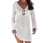 Feclmiyt Womens Crochet Beach Cover Up Sexy V Neck Hollow Out Crochet Knit Beach Dress Long Sleeves Swimsuit Sheer Bathing Suit (White, M)