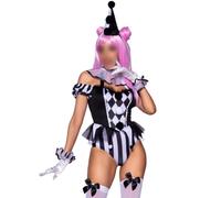 Feclmiyt Womens Deadly Darling Clown Costume Harlequin Off Shoulder Ruffle Hem Shorts Jumpsuit 5 Pcs Circus Clown Halloween Bodysuit Costume (D-1, S)