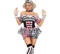 Feclmiyt Womens Deadly Darling Clown Costume Harlequin Off Shoulder Ruffle Hem Shorts Jumpsuit 5 Pcs Circus Clown Halloween Bodysuit Costume (A-1, XXXL)