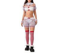 Feclmiyt Womens Deadly Darling Clown Costume Harlequin Off Shoulder Ruffle Hem Shorts Jumpsuit 5 Pcs Circus Clown Halloween Bodysuit Costume (B-1, S)