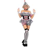 Feclmiyt Womens Deadly Darling Clown Costume Harlequin Off Shoulder Ruffle Hem Shorts Jumpsuit 5 Pcs Circus Clown Halloween Bodysuit Costume (A-1, XL)